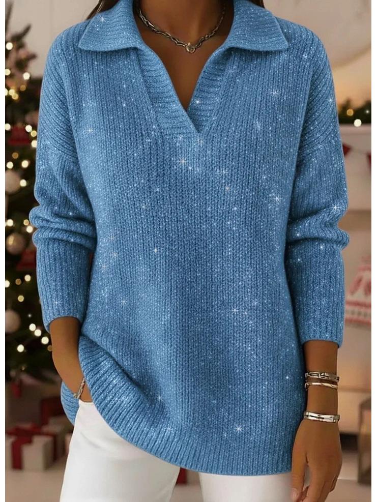 2025 Autumn/Winter Solid Color Lapel Pullover with Silver Thread and Crystal Accents