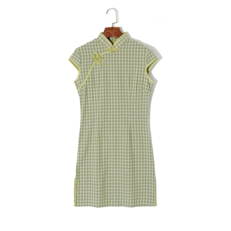 

2025 Summer Women clothes Chinese Style Retro Color Matching Plaid Elegant Stand Collar Buckle Slim fit Slimming Dress Green grid S