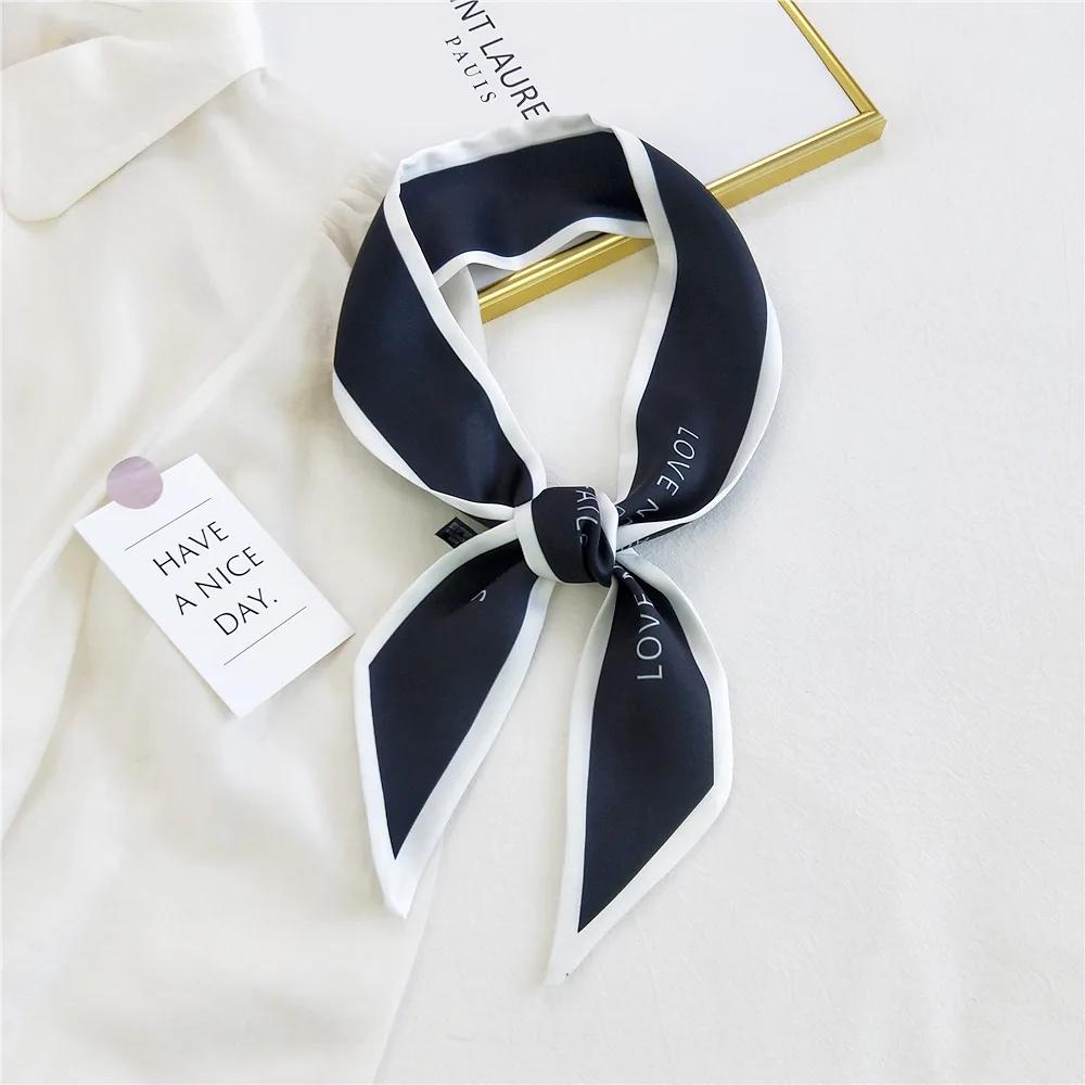 Fashion Women Hair Scarf French Elegant Narrow Long Scarf Satin Silk Bow Tie Letter Print Bag Ribbon Headband Scarves
