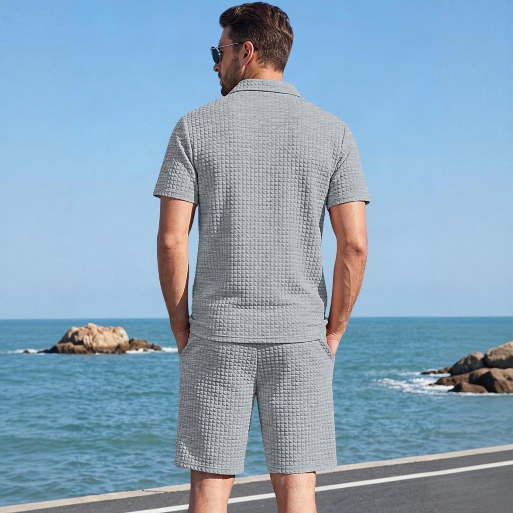Men's Short Sleeve Polo Shirt and Shorts Set Casual Lightweight Breathable Summer Outfit with Zip Front Collar and Elastic Waistband Drawstring