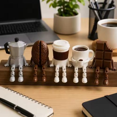 1pcs 1D Printed Coffee Corner Decor Articulated Moka Pot Coffee Bean Cup Mug Chocolate Figures, Coffee Station Shelf Decor, Gift