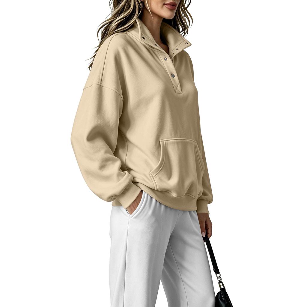 Women's Color Stand Collar Button Up Sweatshirt Fashion Casual Long Sleeve Top
