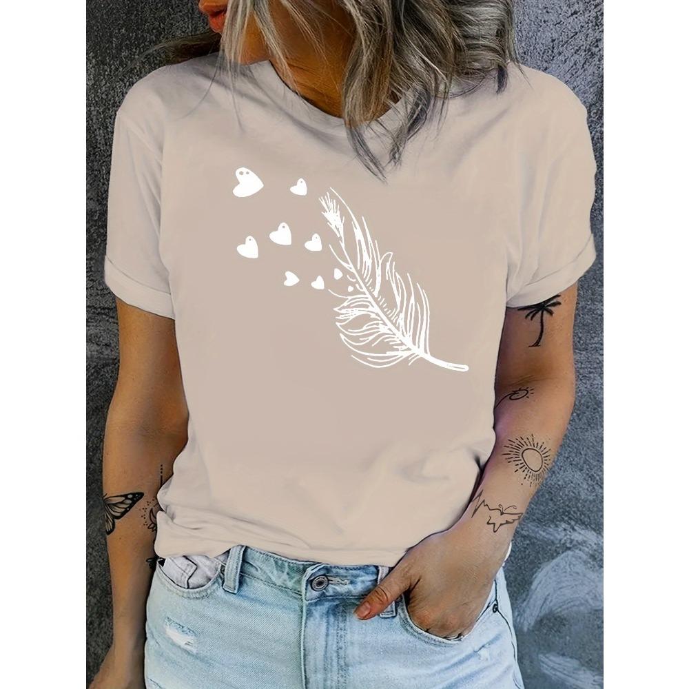 Blue Feather & Hearts Women's Tee - Delicate Graphic, Soft Romantic Print for Casual Daily Wear