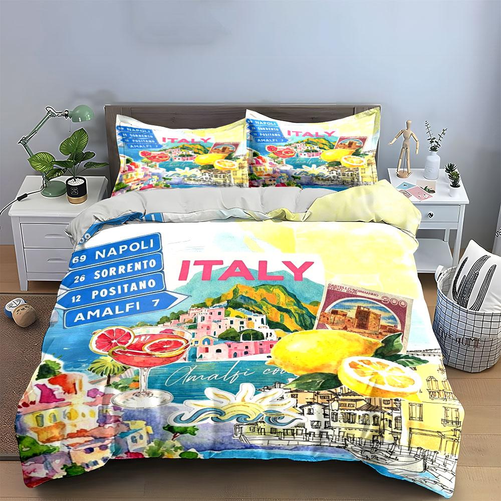 Ensemble de literie collage voyage Côte Amalfitaine Italie, Ensemble housse de couette imprimé carte tampon vintage cocktail ville côtière citron, Décoration de maison 3 pièces