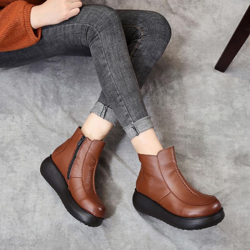 Classic Black Cow Leather Boots Ankle Fur Sneakers Woman Waterproof Platform Rain Boots Round Toe High Heeled Ankle Snow Shoes