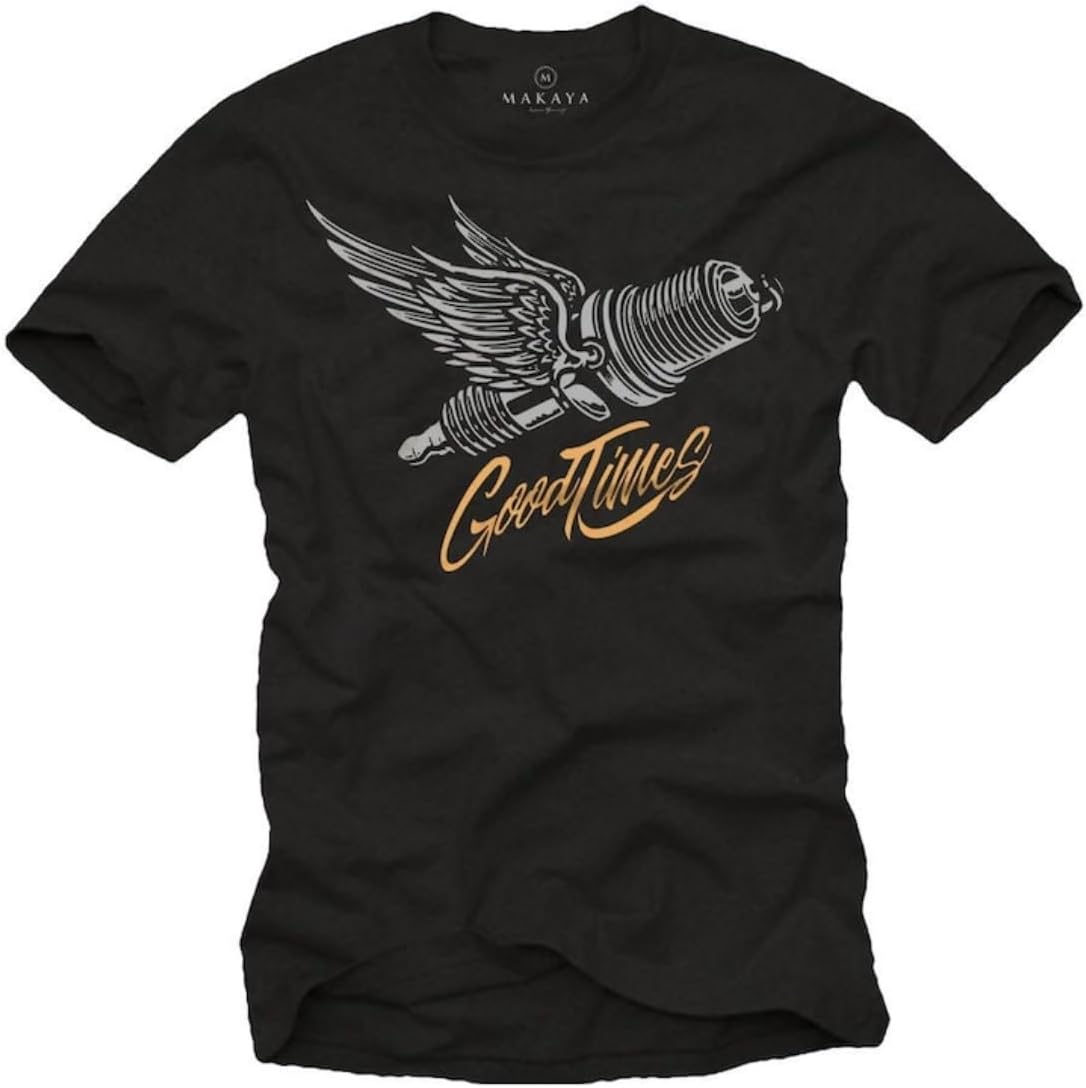 Men s Good Times Winged Spark Plug Graphic Black Tee for Car & Motorcycle Lovers S разноцветный фото
