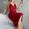 Stylish and simple women's clothing solid color satin long suspender sexy swinging collar nightdress loungewear pajamas 811