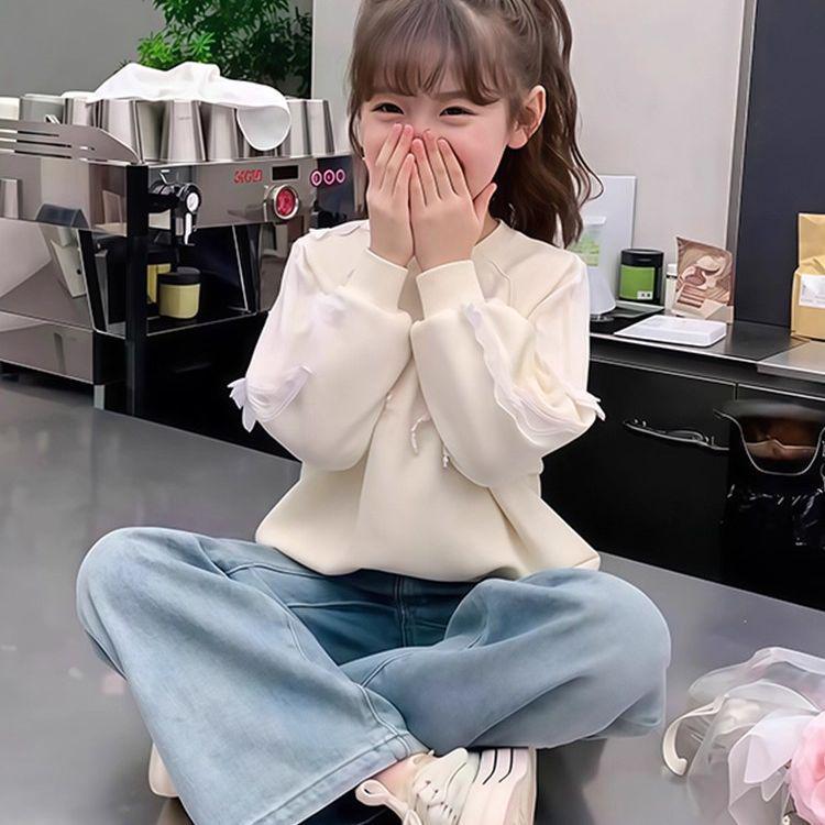 Girls' Versatile Long Sleeve Round Neck Sweatshirt with Bow Knot for Spring and Autumn