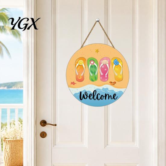 Tropical Wall Decor Hello Summer Door Sign, Ice Pop Flip Flop Welcome Hanger, Party Decoration Farmhouse Hanging Wooden Wreath for Front Home