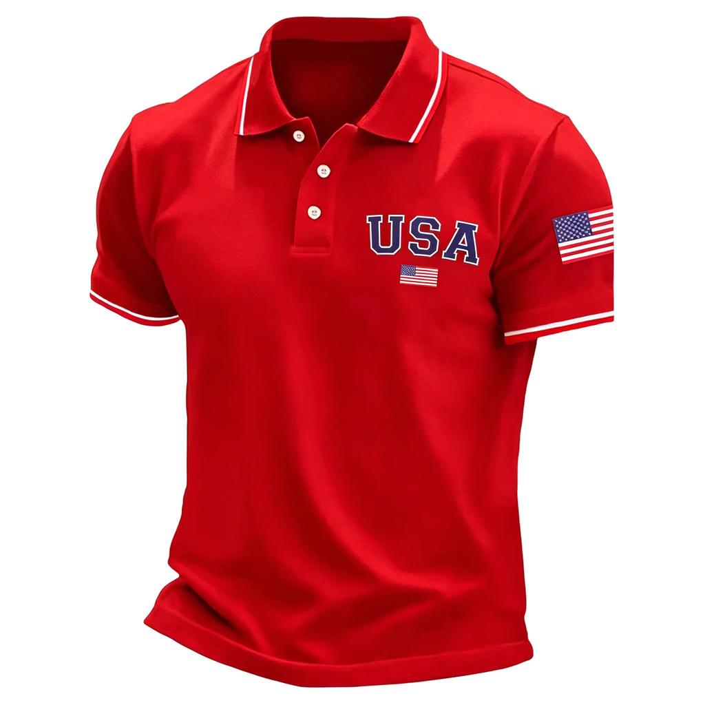 Men's Short Sleeve Polo Shirt Button Down Collar Classic Fit Casual Polo Shirt with Embroidered USA and Flag Patch