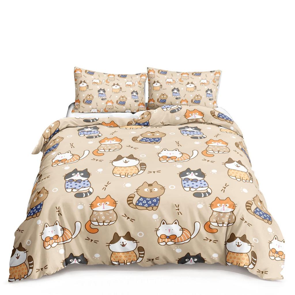 Cartoon Cat Duvet Cover Set Full Size Cute Cat Bedding Sets For Kids Girls Blue Watercolor Cat Comforter Covers Set All Season