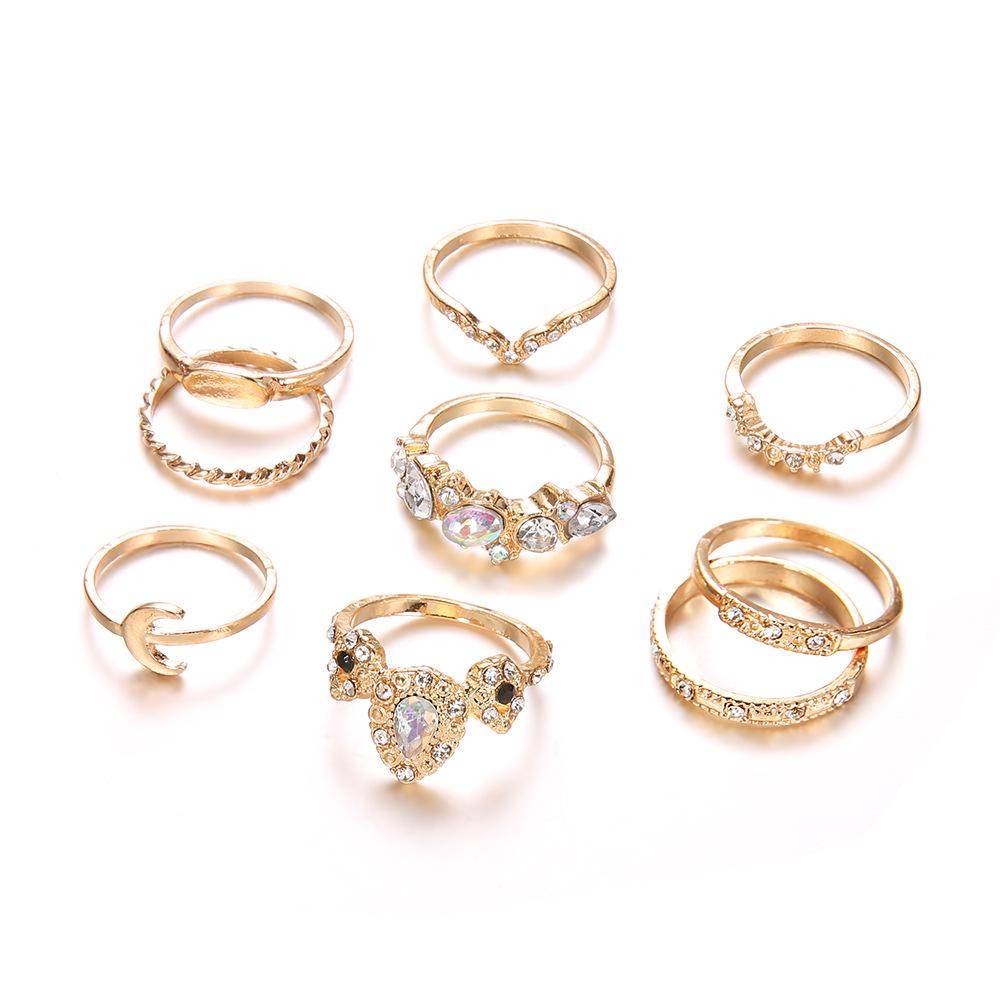 Retro Gold Women's Moonstone & Gem 9-Piece Ring Set