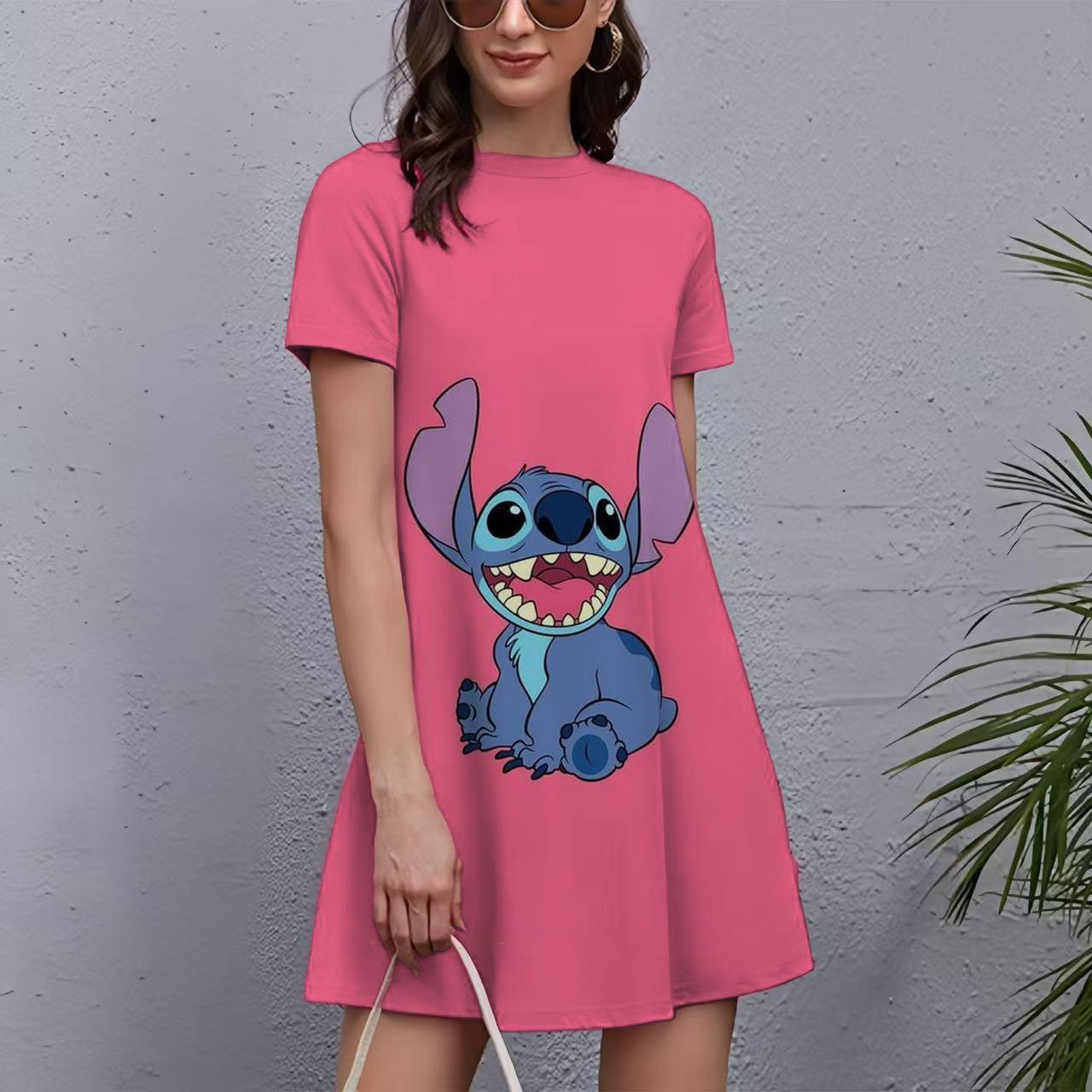 Šaty s potlačou Stitch pre ženy 2025 Nový rok Krátke rukávy O-výstrih Šaty Oversized Dámske Vianočné Zábavné Dámske Párty šaty 2XL