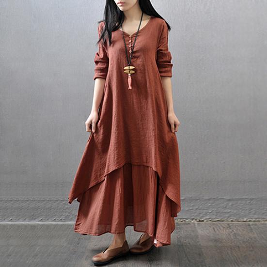 Women Fashion Autumn Casual Rayon Linen Long Sleeve Maxi Dress Kaftan