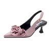 French High Heels Women's Summer Medium Stiletto Small Heel Flower Satin Pointed Single Shoes Evening Bag Head One-word Buckle Sandals Tide