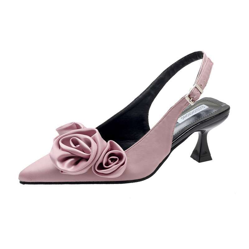French high heels women's summer medium stiletto small heel flower satin pointed single shoes evening bag head one-word buckle sandals tide