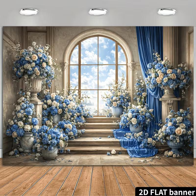 2D European Arch Window Blue White Floral Backdrop Roman Pillar Stair Wedding Photo Background Banner