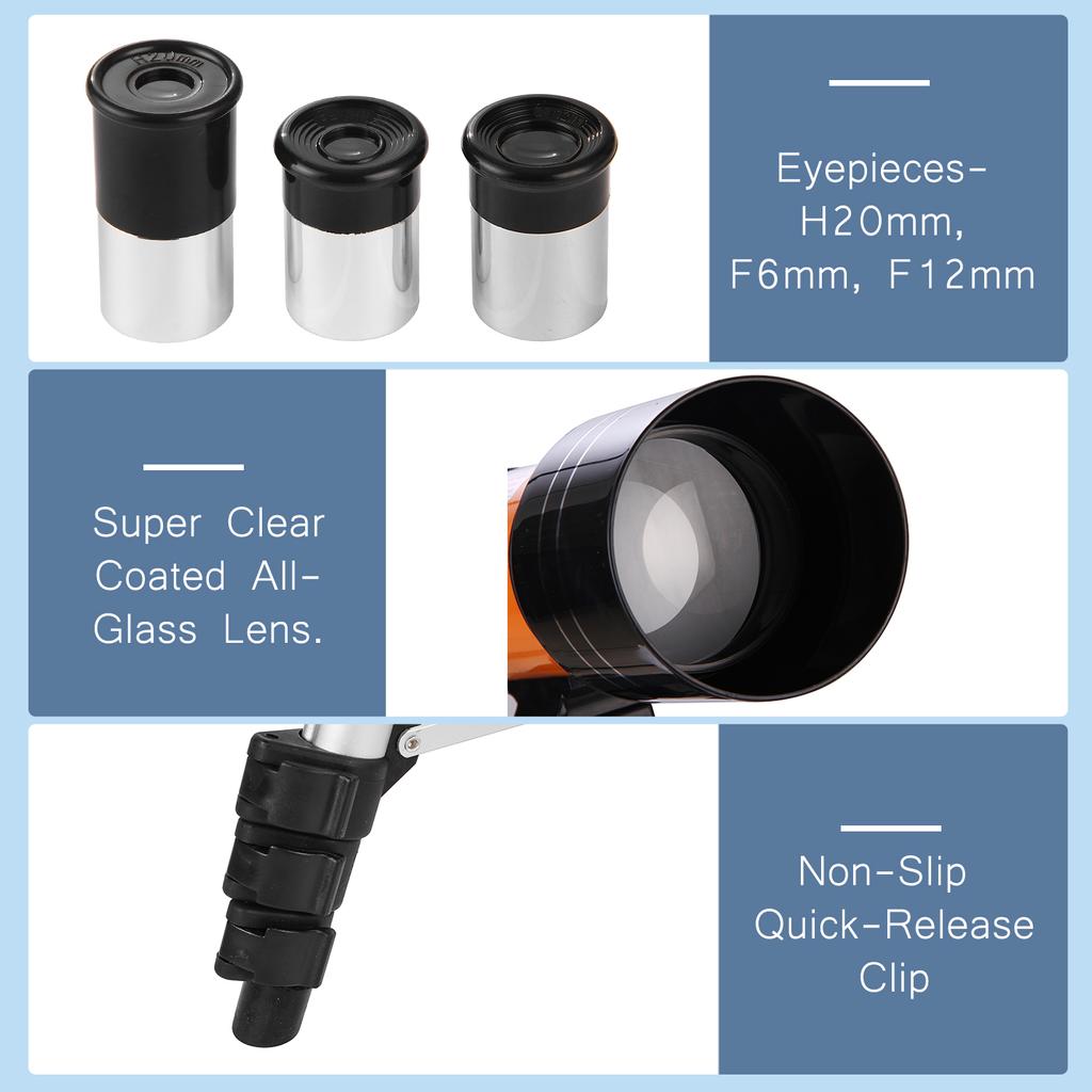 70mm Astronomical Telescope 150X High Power Monocular Telescope Refractor Spotting Scope with 5*24 Finder Scope Tripod Moon Filter 3X Barlow Lens for