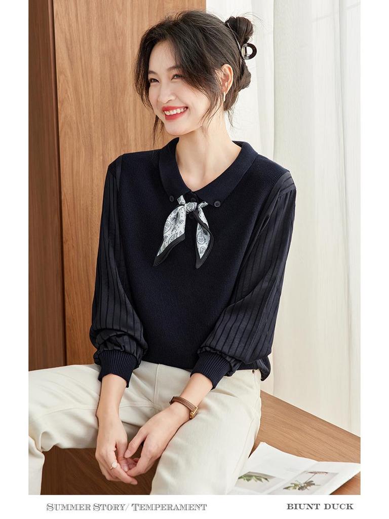 Women's Elegant Autumn Lapel Knitted Sweater, Fake Two-Piece Loose Top