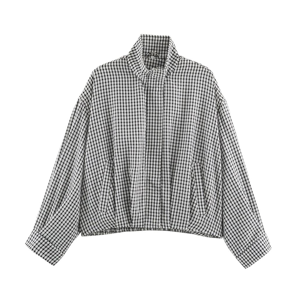 Women's Plaid Shirt Jacket with Long Sleeves and Adjustable Tie Collar for Casual Wear