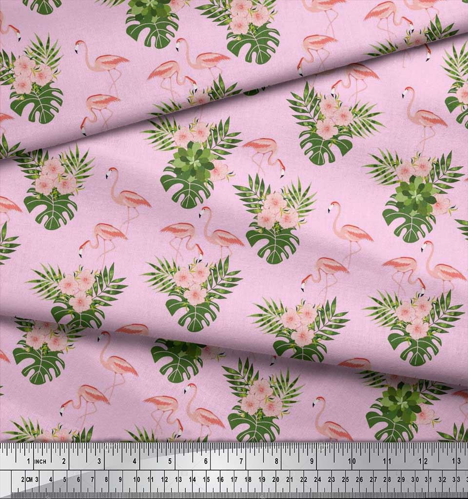 Soimoi Japan Crepe Satin Fabric Tropical Leaves,Floral & Flamingo Bird Print Fabric by the metre 42 Inch