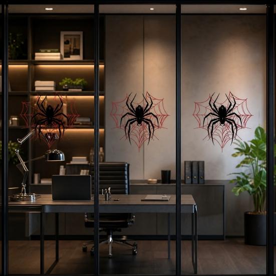 Static Glass Sticker, Reusable Halloween Window Decal, Black Spider Red Web Pattern Window Sticker for Home Store Kindergarten Decor