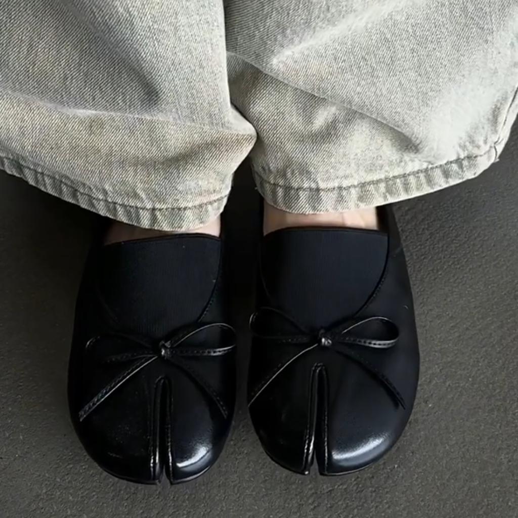 Cowhide~ Leather bow-toed shoes, pig's trotters, women's commuting elastic band, flat-bottomed retro ballet shoes, single shoes