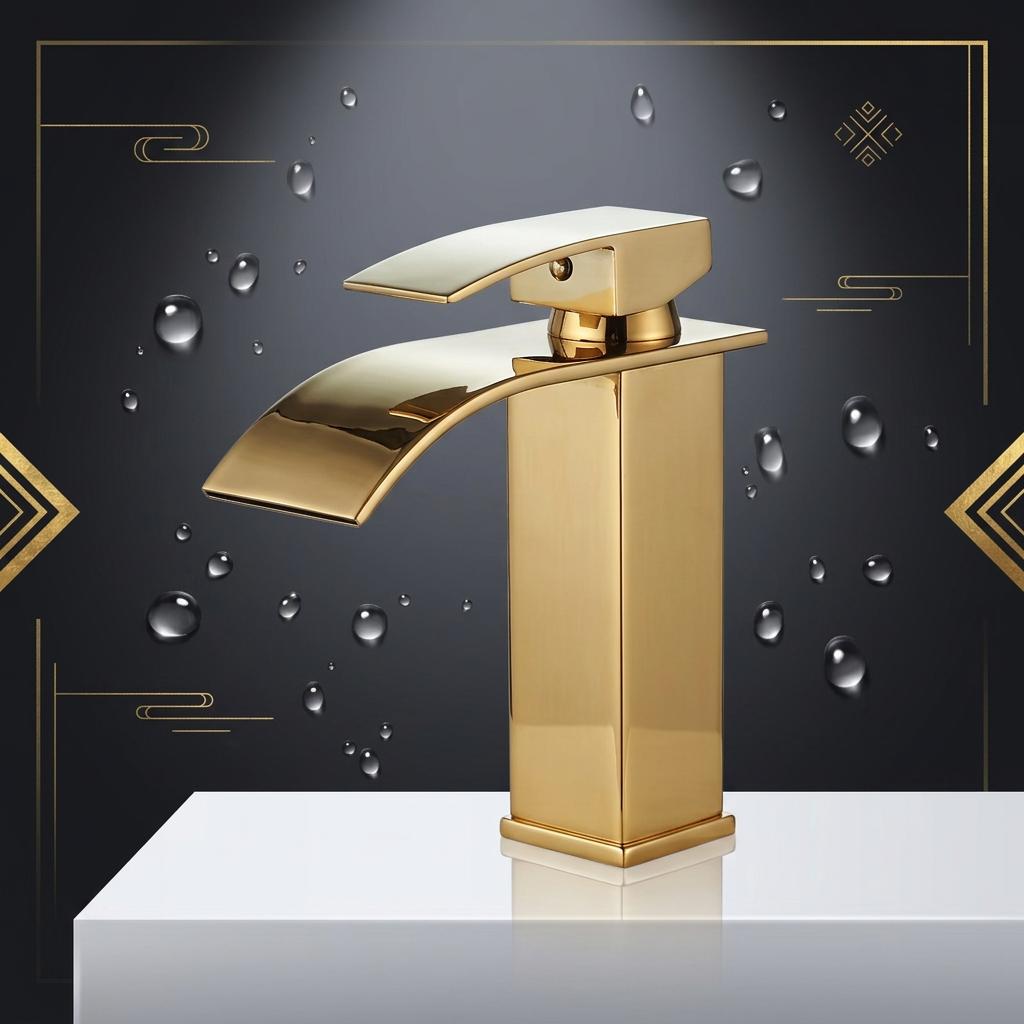 Single-Hole Stainless Steel Polished Modern Square Design Single Handle Deck Bathroom Ceramic Valve Core Waterfall Basin Mixer
