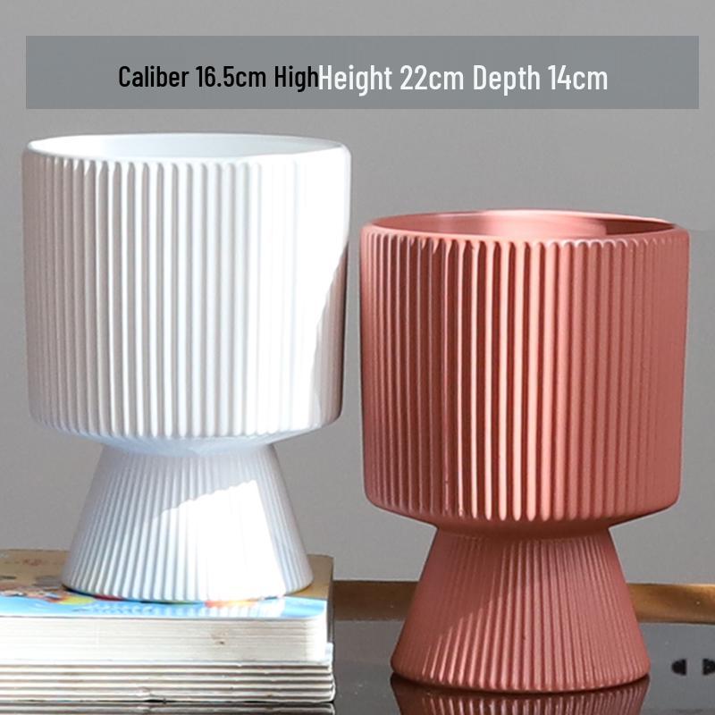 Nordic Ceramic Flower Pot with Tray - High-Footed Vertical Stripes for Indoor/ Balcony, Ideal for Pothos and Orchids.