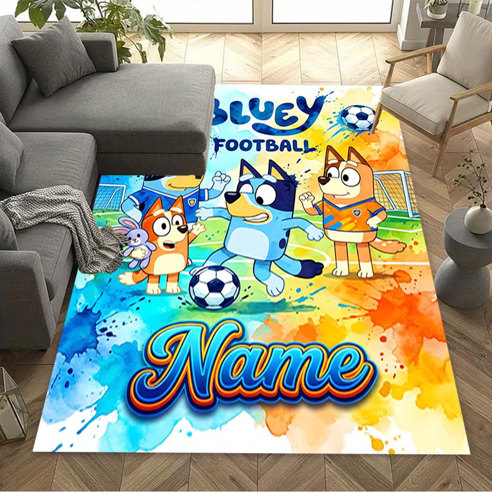 Bluey's Soccer Fun Customized Name Floor Mat Perfect for Study room Foyer Decorate room Playrooms Anti-slip Rug Decorate Offices