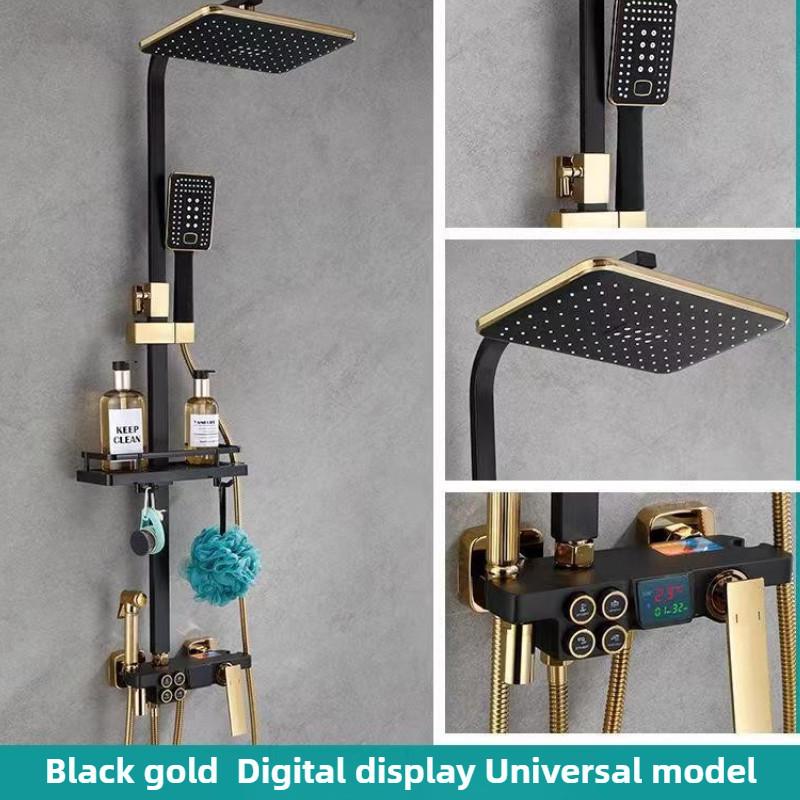 Household Bathroom Thermostatic Rain Shower Black Digital Display Pressurized Shower Head Button Showerhead Set