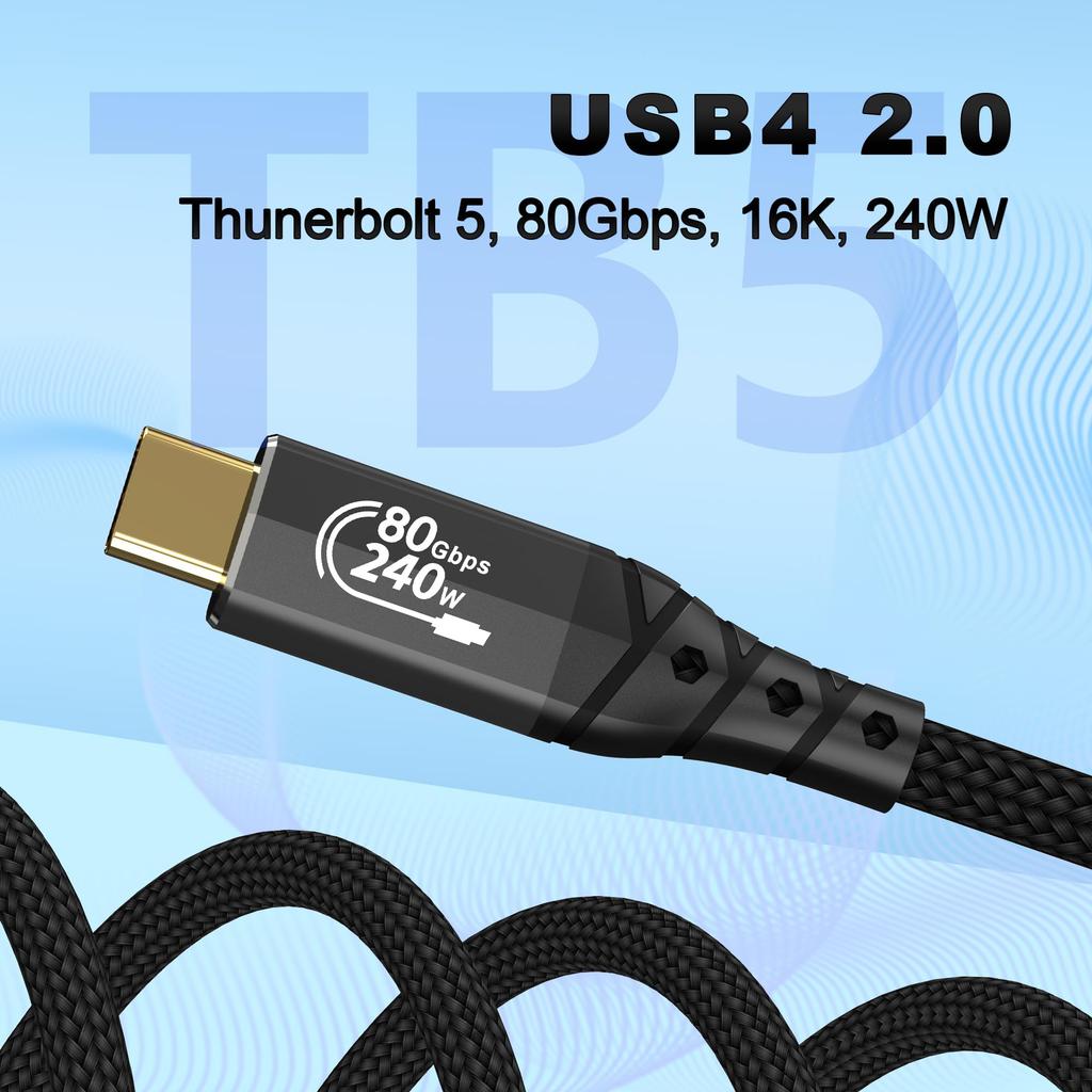 ZIKNYDO USB 4 To Thunderbolt 5 USB C 80Gbps Data 120Gbps 8K Video 240W Charging Nylon Braided To USBC Cable for Thunderbolt MacBook M4 and Mac Mini M4