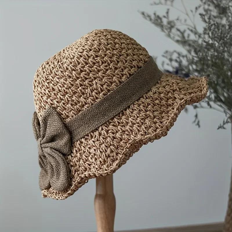 1pcs Elegant Sun Hat - Hand Woven with Vintage Ruffles and Bow, Foldable Travel Beach Hat