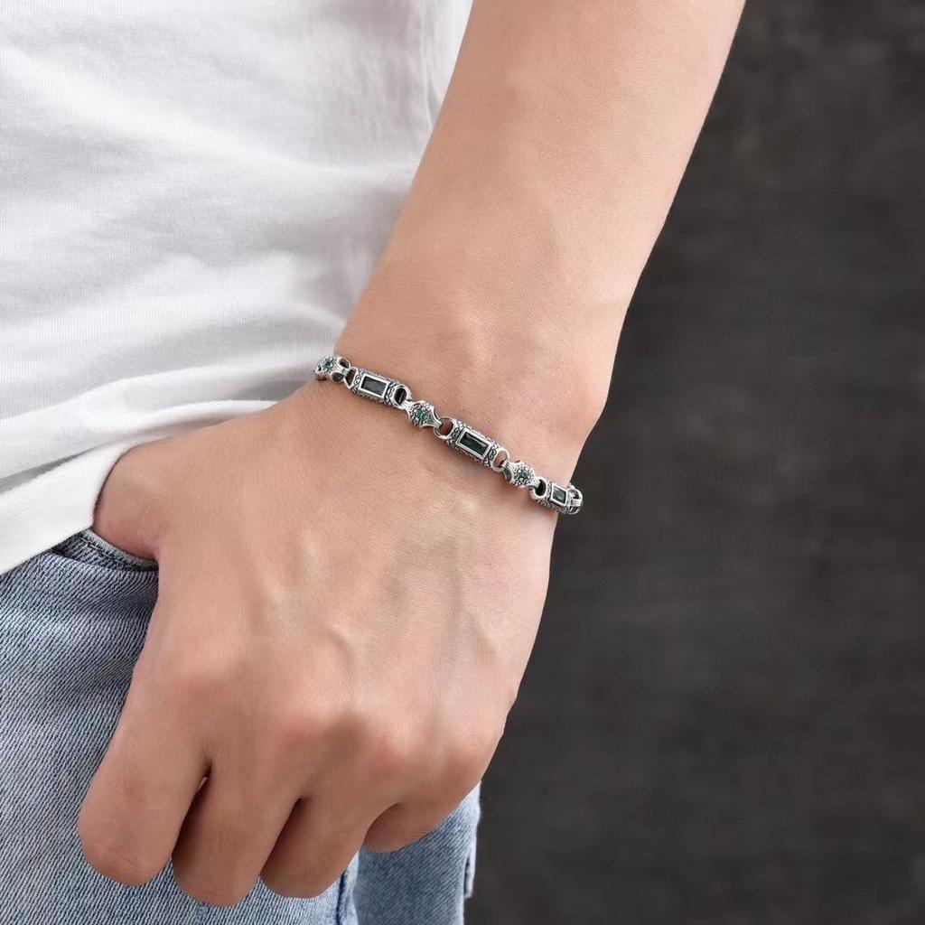 New Chinese Street Style Blue Square Zircon Bracelet for Men Retro Punk Biker Full-Zircon Hip Hop Jewelry