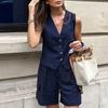 Casual Women Suits 2 Pieces V Neck Buttons Vest Blazer+High Waist Wide Leg Shorts Summer Vintage Sets