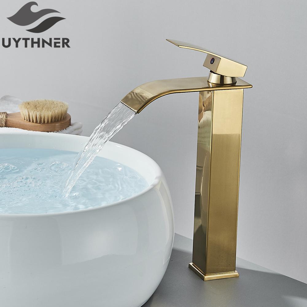 Brushed Golden Basin Faucets Elegant Waterfall Bathroom Sink Faucet Single Lever Hole Deck Mount Brass Mixer Taps