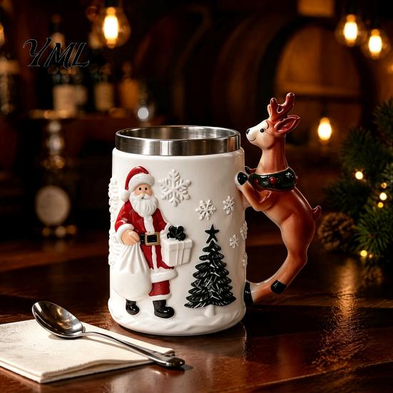Decorative Desk Pen Holder Christmas Santa Claus Coffee Mug with Reindeer Handle, 300ml 3D Collectible Drinkware Embossed Resin Holiday Cup