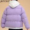 BITCED Pseudo-Two-Piece Cotton Coat Unisex Winter Fashion Contrast-Colour Hooded Sweatshirt Thickened Warm Cotton Jacket