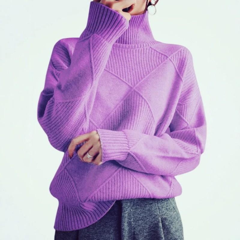 Womens Loose Knit Sweater High Neck Warm Pullover Solid Color Casual Winter Top