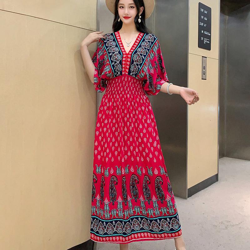 Dame Casual Blomstret V-halskjole Irregulær Tone Casual Rund hals Lang