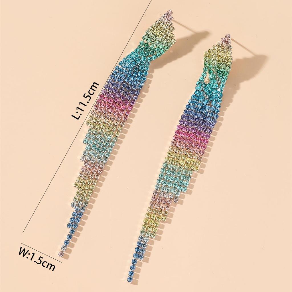 Gradient Rhinestone Chain Tassel Earrings - European & American Runway Style