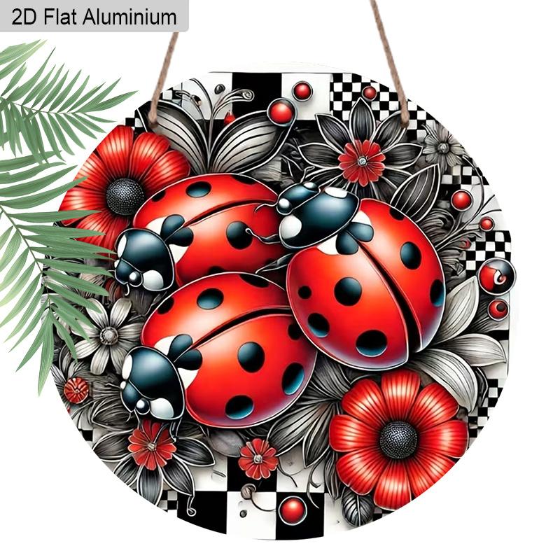 

2D Flat Aluminum LadybugRound Metal Sign, Man Cave Wall Art Sign for Front Door, Spring Summer Front Door Decor, Pre-Drilled Holes for Easy Hanging 1pc