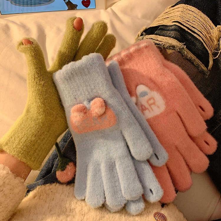 Five finger Gloves for Women In Autumn and Winter Knitted Thickened Velvet Warm Split Finger Cycling and Cold Protection New Style