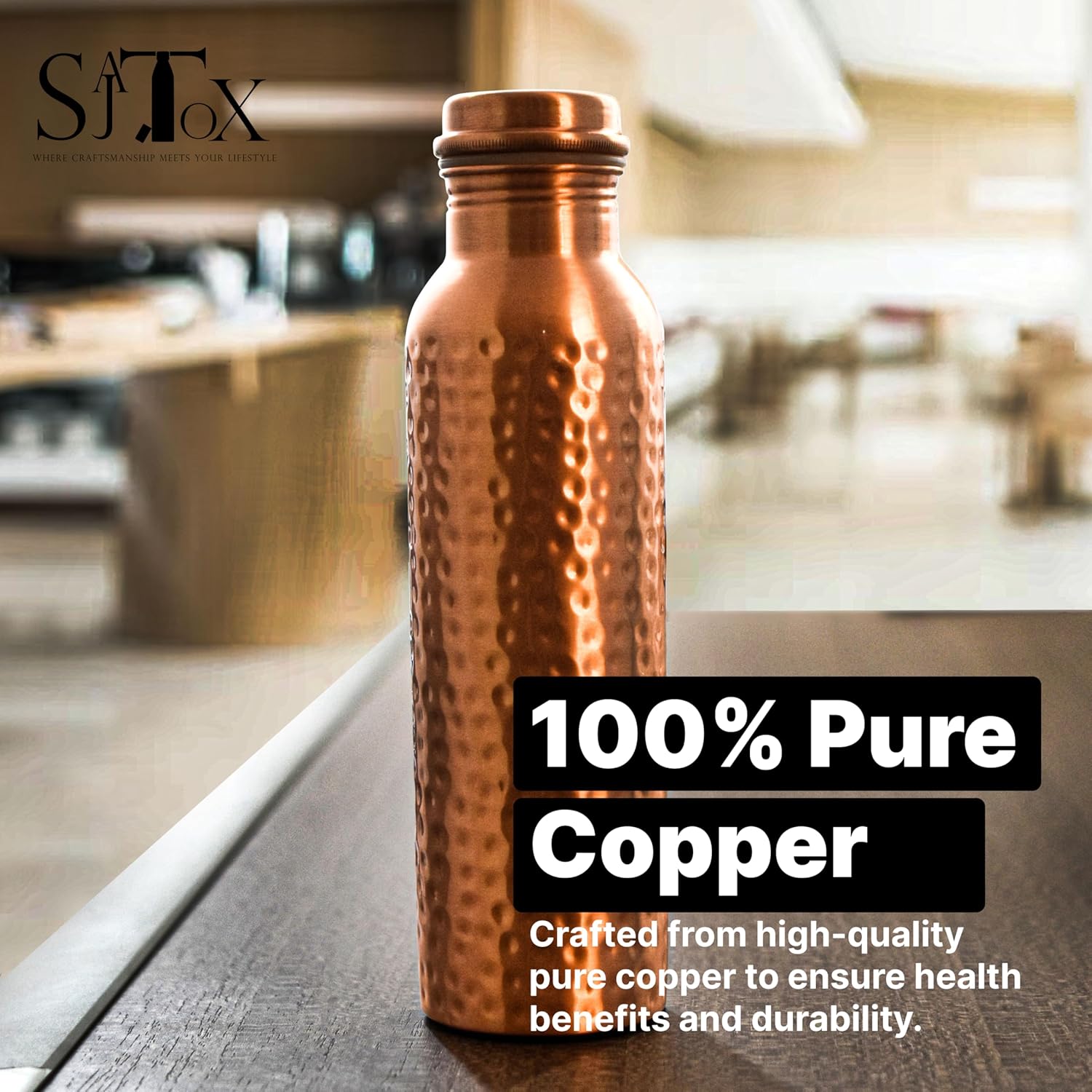 

Hammered Copper Water Bottle - Indian Handmade Ayurveda Healing Water Bottle for Drinking, Travel, Hiking, Gym, Office, Outdoor - 950 ML / 32 OZ мідний