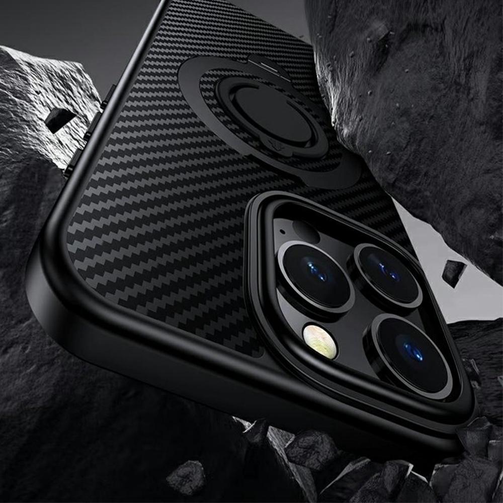 For iPhone 16 Pro Max Case Compatible with MagSafe Kickstand Carbon Fiber Texture PC + TPU Back Cover with Silicone Ring