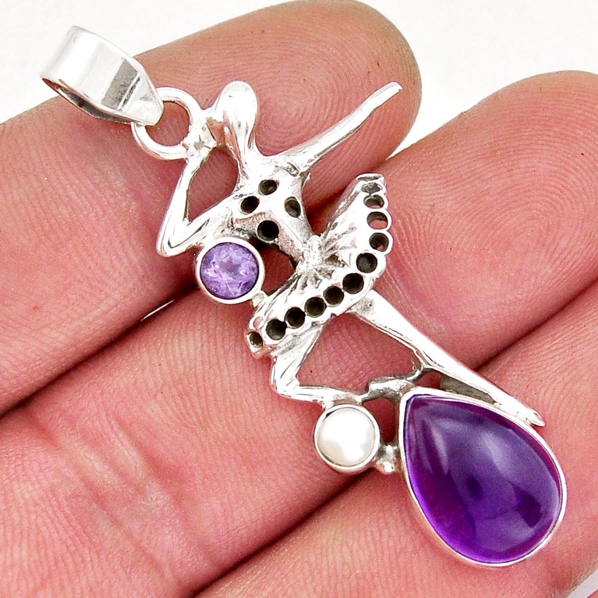 

6.99cts Purple Amethyst Pearl 925 Silver Ballet Dance Charm Pendant Handmade