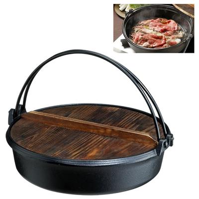 Panela para sukiyaki 26cm 2 a 3 Tampa de madeira de ferro com alça Compatível com cassete de gás IH Cozinhe deliciosamente com uma autêntica panela de ferro para sukiyaki Aqueça