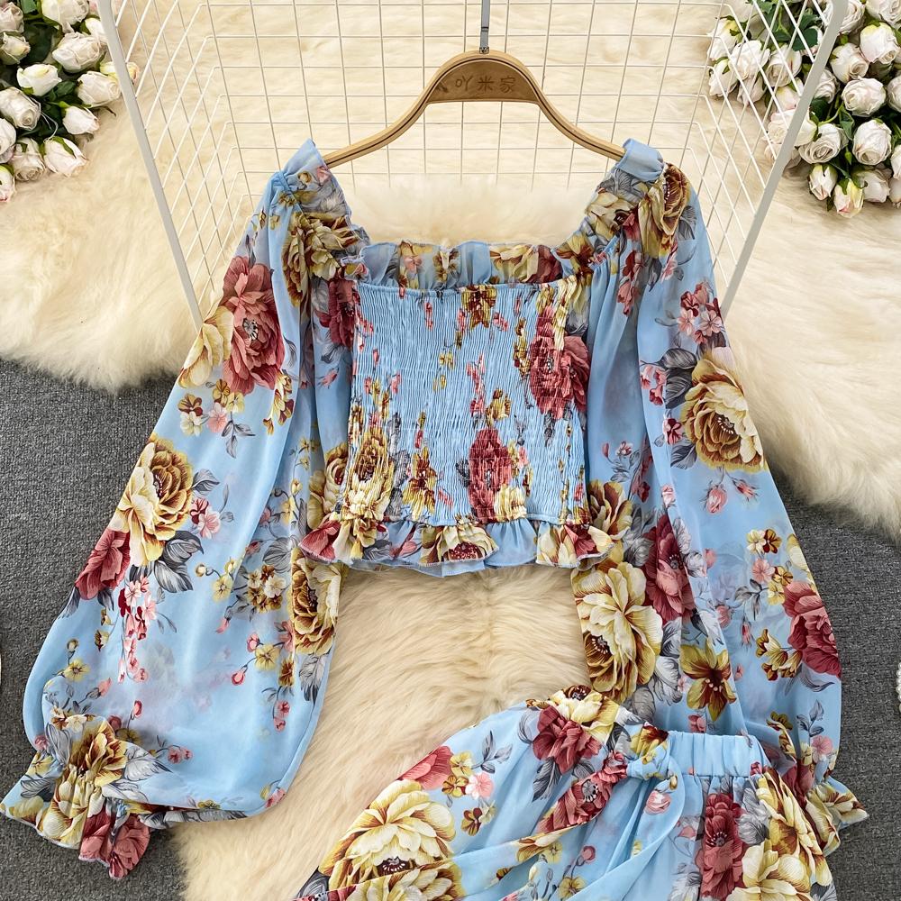 Fashion Set Women's  Long Sleeve Square Neck Slim Fit Chiffon Shirt 2 Two Pieces Suits Sets High Waist Slim Wide L