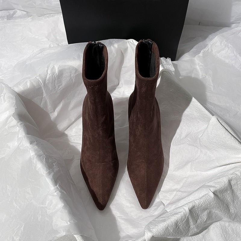Women'S Shoes Brown Short Boots Women'S High Heels Autumn And Winter Versatile French Thin Heel Elastic Boots Suede Pointed Thin