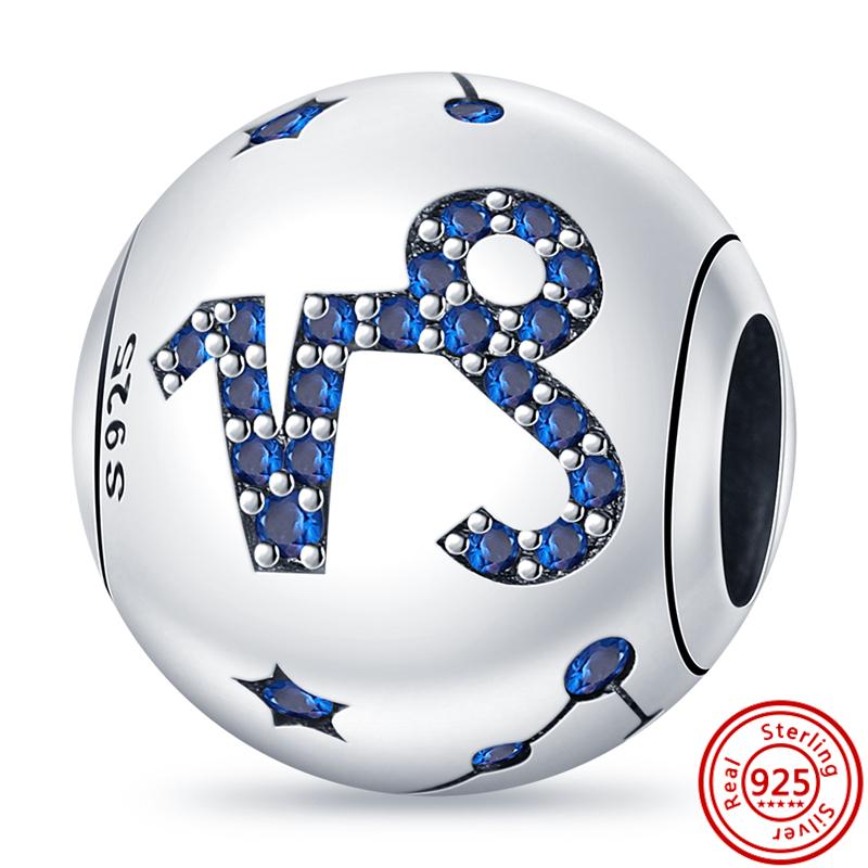 S925 Sterling Silver Blue Zircon Stars 12 Constellation Shiny Round DIY Beads Fit Original  Charms Bracelet Luxury Jewelry